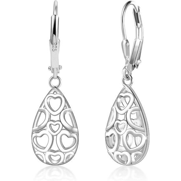 925 Sterling C-Silver Dainty Teardrop Dangle Leverback Trendy Earrings for Women - Picture 1 of 7